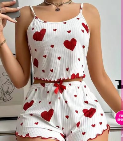 Women’s Heart Print Ribbed Camisole and Shorts Pajama Set