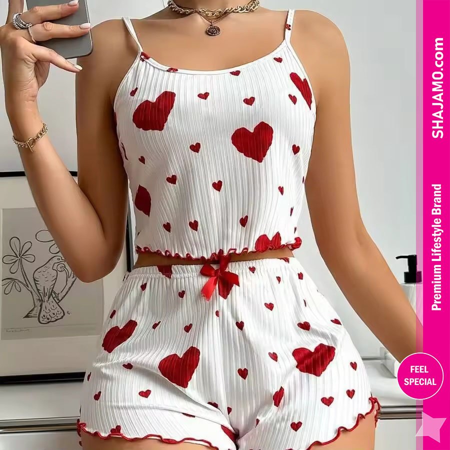 Women’s Heart Print Ribbed Camisole and Shorts Pajama Set
