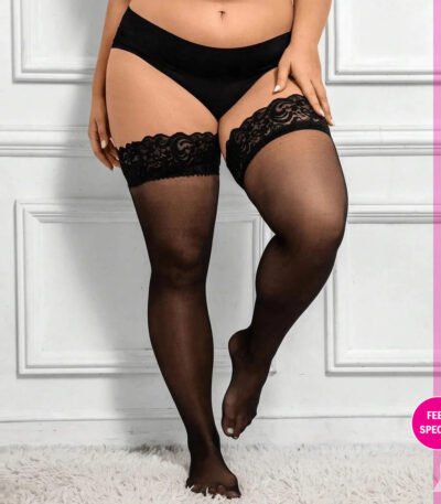 Women’s Elegant Sheer Thigh-High Stockings with Floral Lace Top