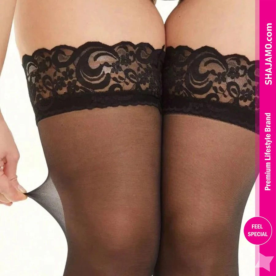 Women’s Elegant Sheer Thigh-High Stockings with Floral Lace Top Women’s Elegant Sheer Thigh-High Stockings with Floral Lace Top